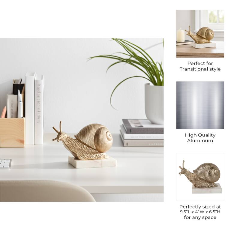 Metal Snail Sculpture on Marble Base Figurine Accent - 7" Gold - 9.5" x 4" x 6.5"