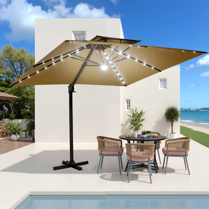 VredHom 9 x 11ft Outdoor Rectangular Dual Top Cantilever Patio Umbrella LED Light - Tan