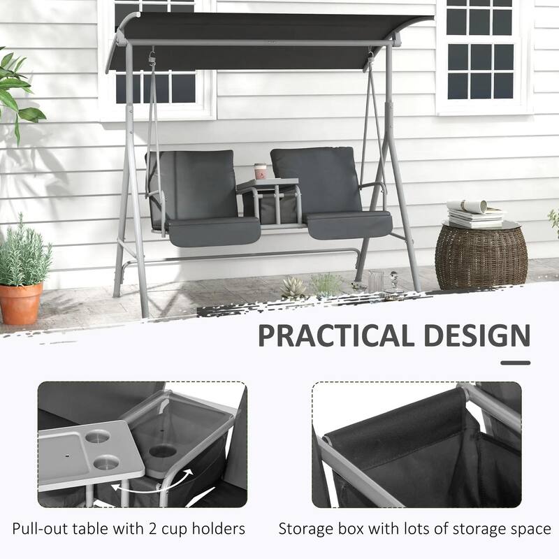 2-Seater Outdoor Porch Swing with Canopy and Table, Patio Swing Chair