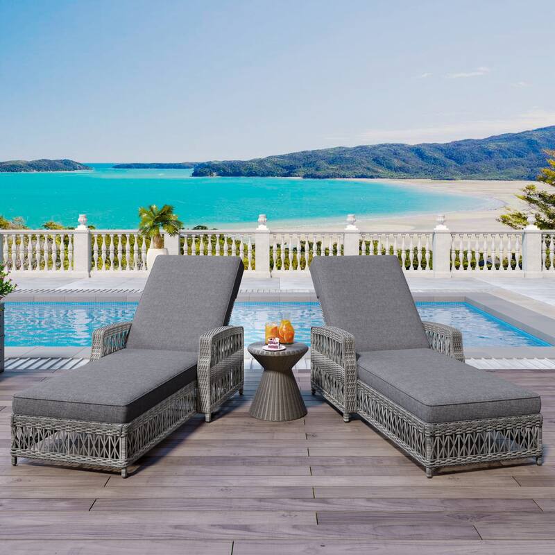 2 Pieces Outdoor Wicker Long Reclining Chaise with Soft Removable Cushions and Armrests - Grey