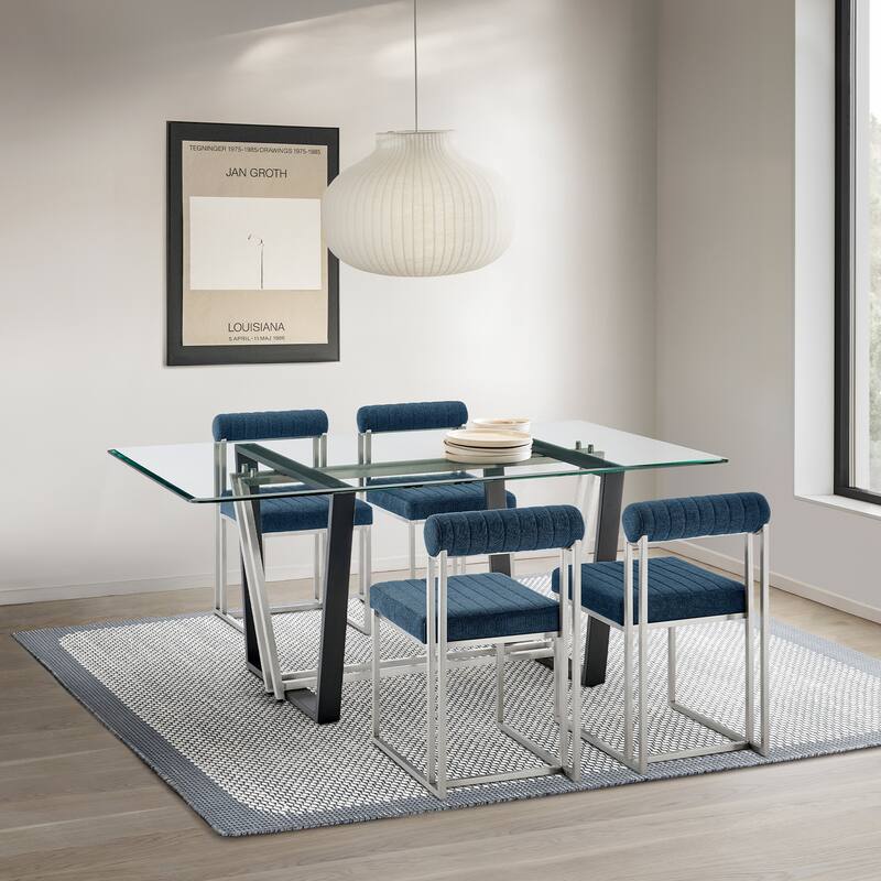 Kai Anastasia 5 Piece Rectangular Glass Dining Table Set with Metal Frame and Upholstered Chairs