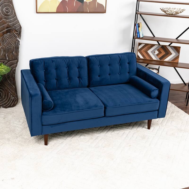 Mid Century Modern Harriet Blue Velvet Loveseat - 32"H x 65"W x 35"D