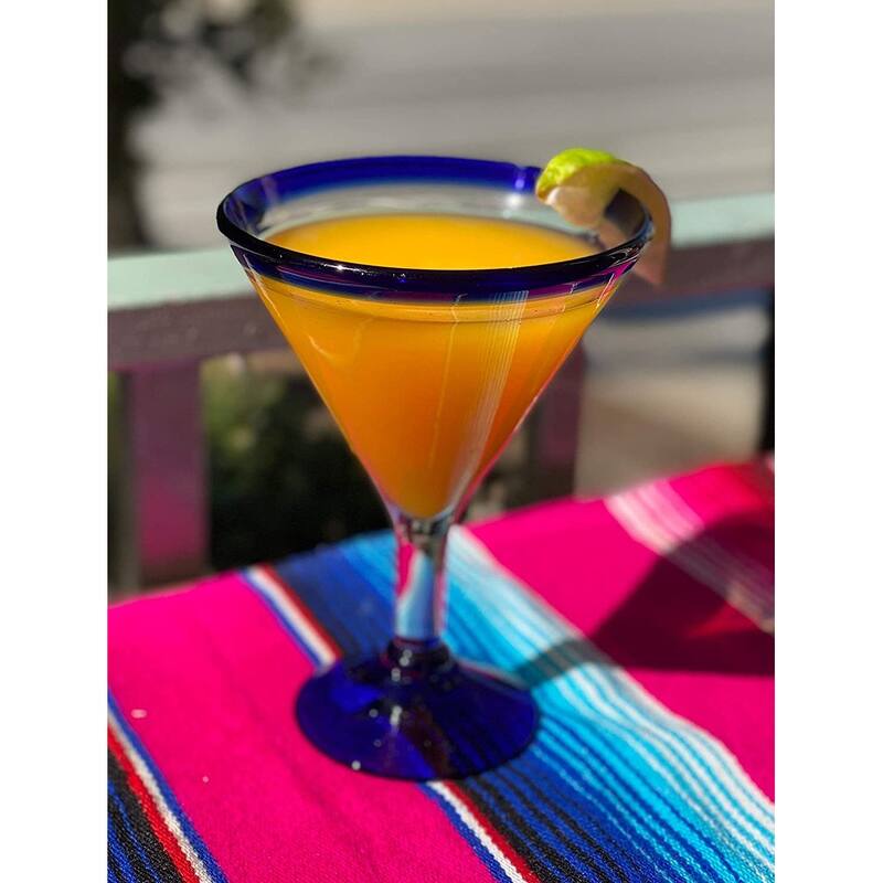 Dos Sueños Mexican Hand Blown Glass - Set of 4 Hand Blown Modern Margarita Glasses - Blue Rim (12 oz)