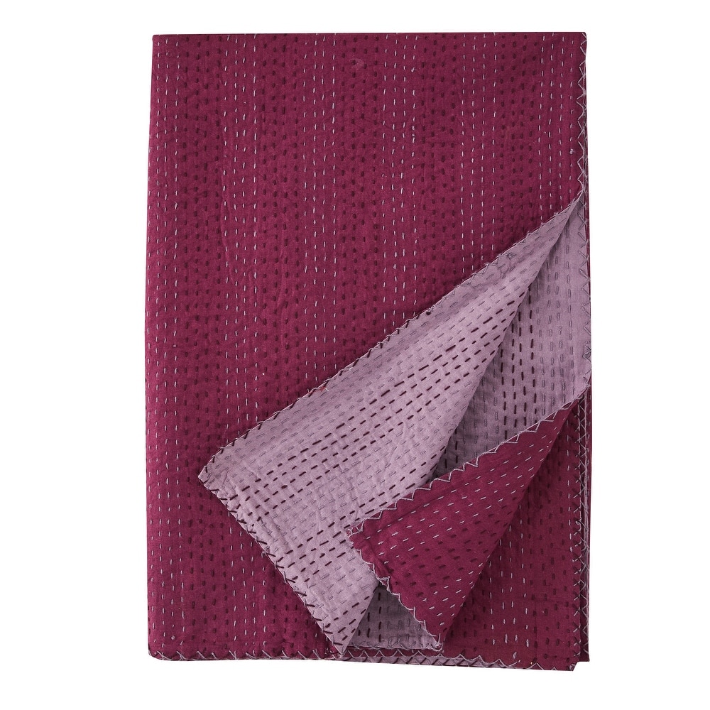 Melange Hand Stitched Kantha Violet Reversible Coverlet and Shams