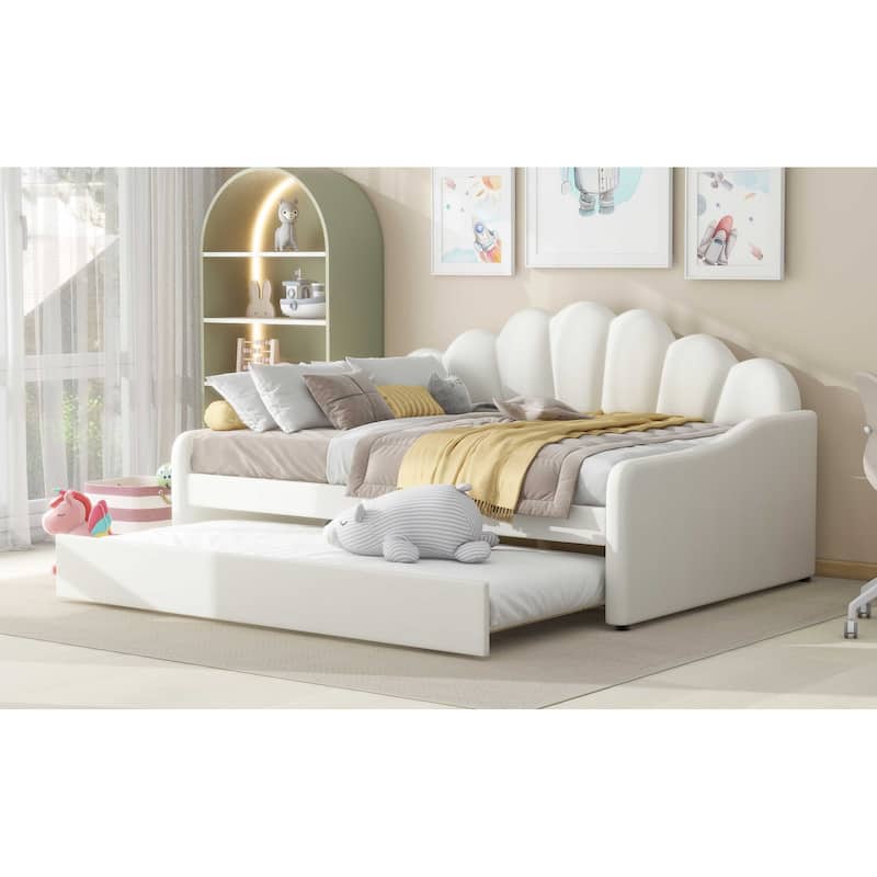Full Size Upholstered Daybed with Trundle, Velvet Shall Shaped Backrest, Curved Arms