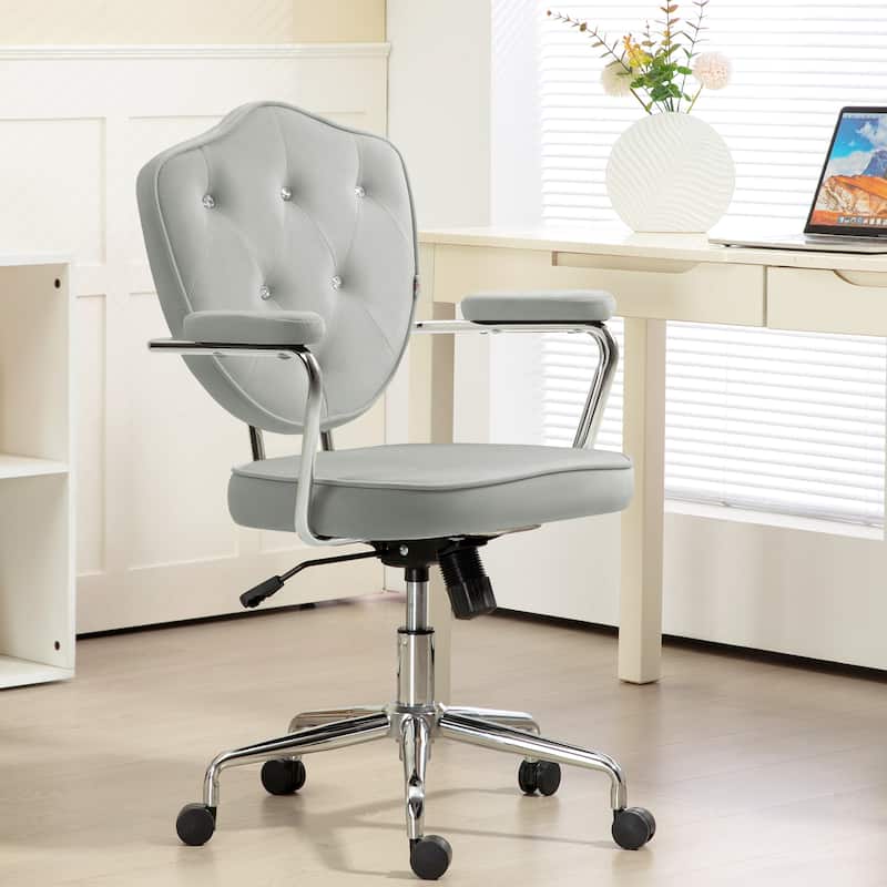 Cute Home Office Chair, Computer Desk Chair with Button Tufted Teddy Bear Fleece, Swivel Vanity Chair