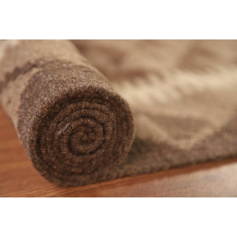 Hand-woven Geometric Kilim Area Rug Oriental Brown Wool Carpet - 5'0" x 6'10"