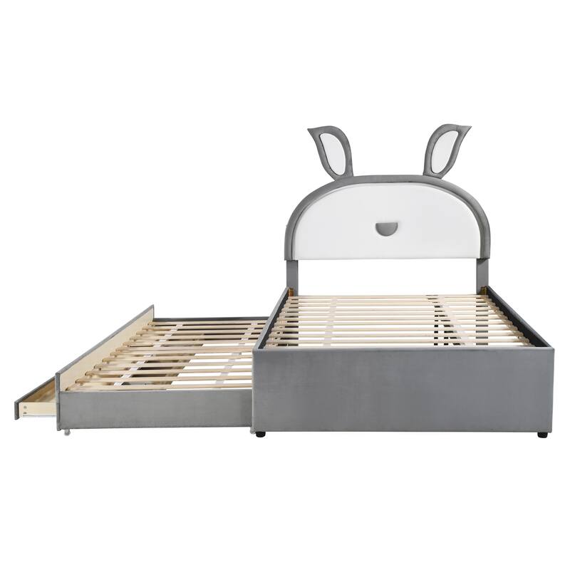 Full Size Upholstered Platform Bed with Rabbit Headboard, Trundle, and Three Drawers
