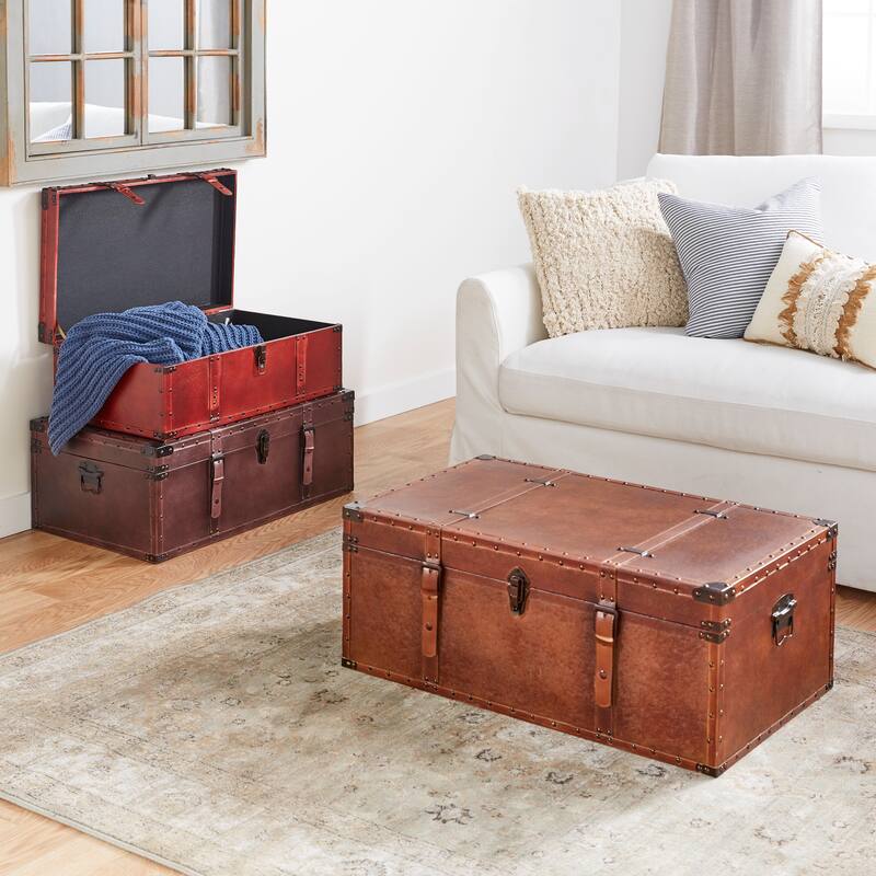 Brown Wood Nesting Upholstered Decorative Trunk with Vintage Accents and Studs (Set of 3) - Black