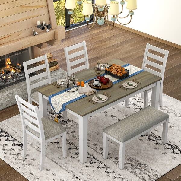slide 2 of 10, 6-Piece Wooden Dining Table Set with Rectangular Table, 4 Chairs & Bench