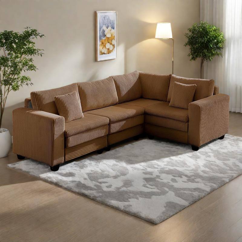 98" Corduroy L-Shaped 3-Seater Sectional Sofa with Deep Seat and Modular Design - Brown