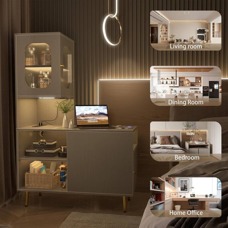Reversible Corner Storage Cabinet with LED Lights and Power Outlets and Doors,Bed Side Table,Sofa Side Table