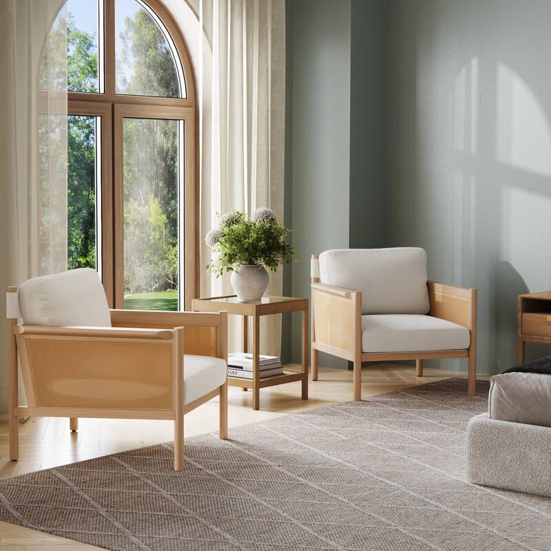 Hemming Upholstered Armchair, Solid Wood Accent Chair with Boucle Upholstery and Faux Rattan Arm Inlay - Set of 2