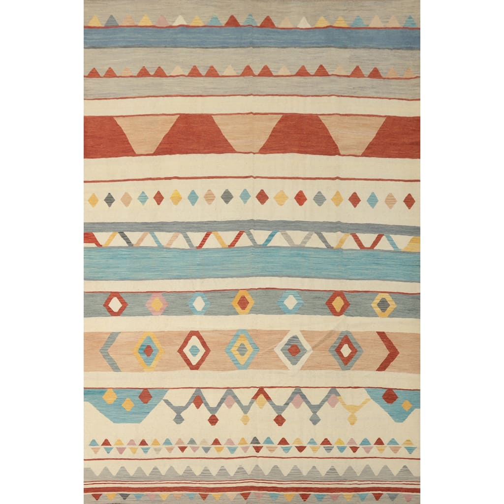 Hand Woven Oriental 100% Wool Carpet Southwestern Tribal Beige & Ivories Kilim Area Rug - 12' 10'' X 10' 0''
