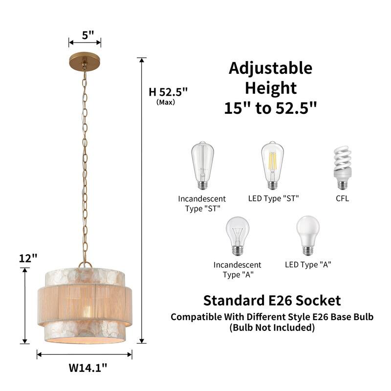 KAWOTI 3-Tire Seashell Pendant Light with Cotton Rope Shade