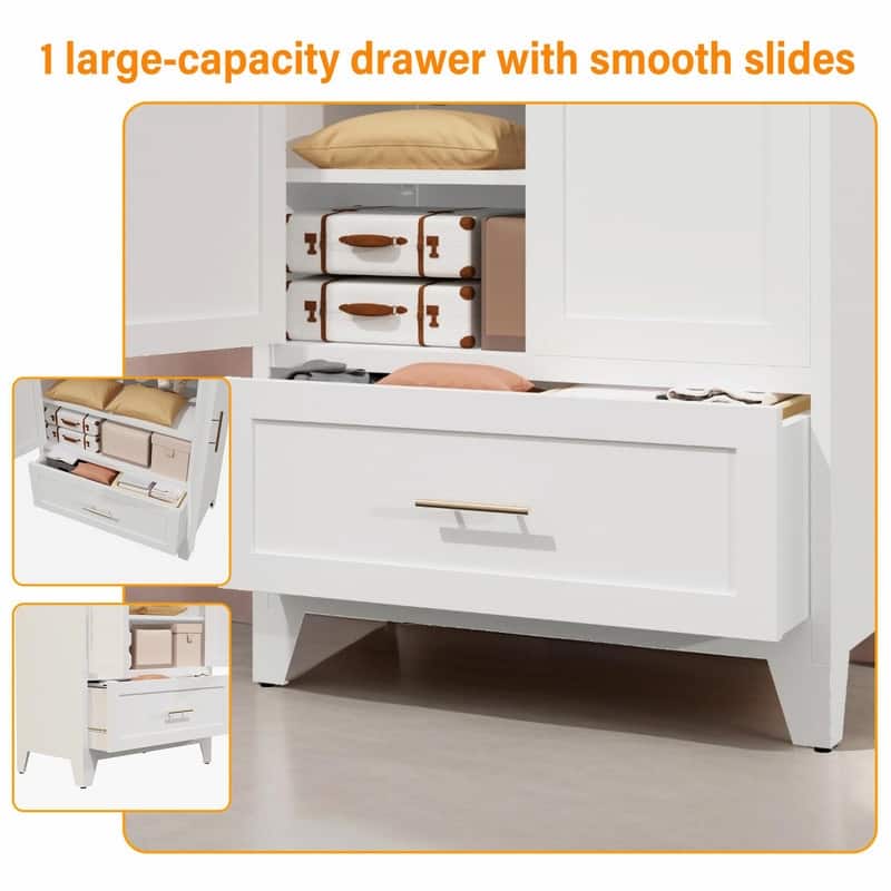 60" Tall Metal Wardrobe Cabinet - 2-Door Closet with Hanging Rod, Shelf, and Drawer