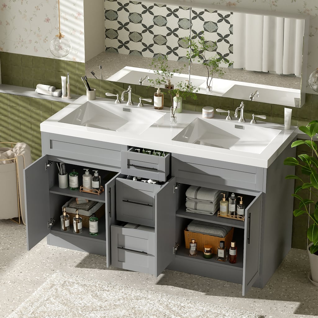 59" Double Sink Bathroom Vanity with SMC Top, Solid Wood Frame & Soft Close Doors, Gray Storage Cabinet
