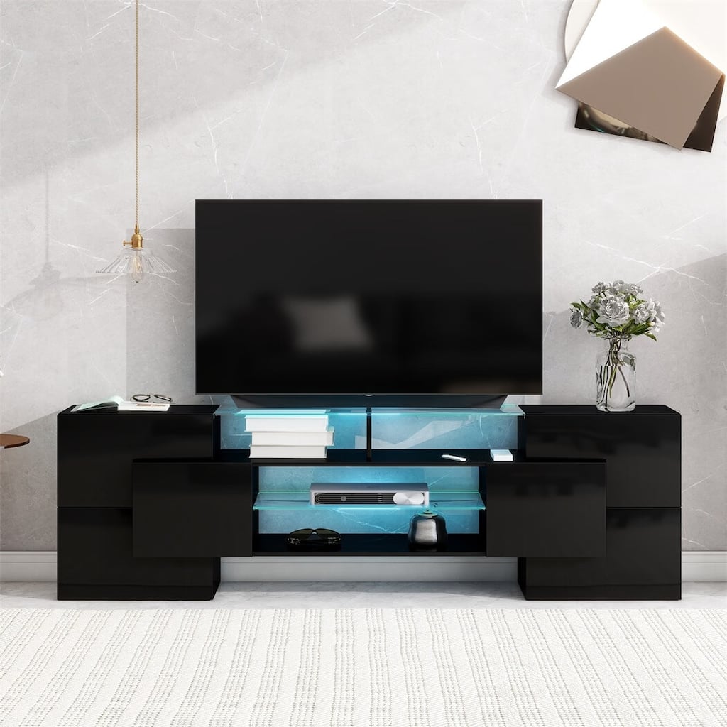 Merax TV Stand with 2 Illuminated Glass Shelves, High Gloss Entertainment Center for TVs Up to 80" - n/a