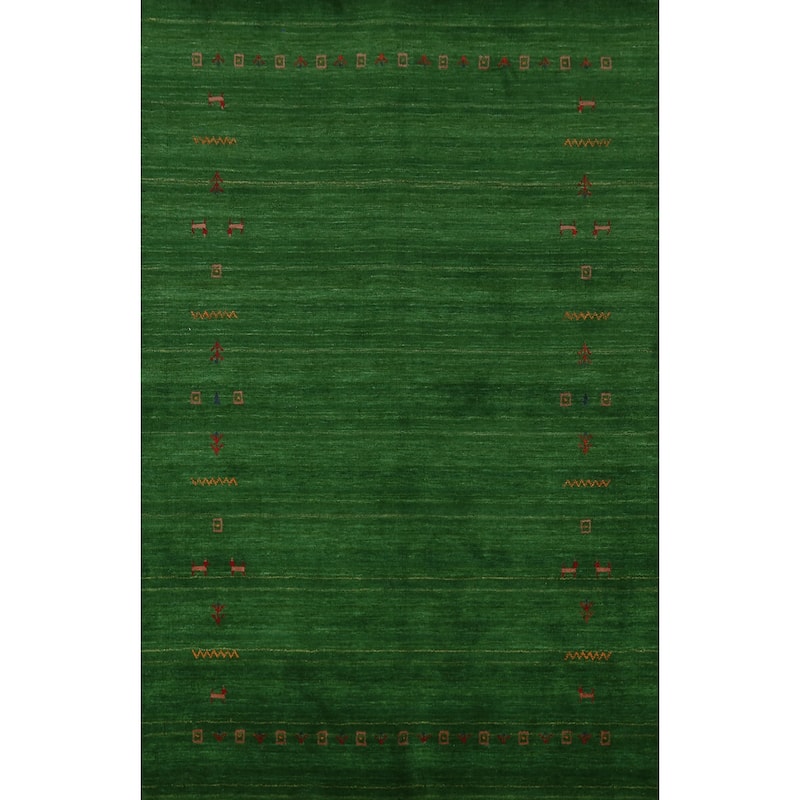 Green Gabbeh Indian Rug Handmade Wool Carpet - 5'1" x 7'8"