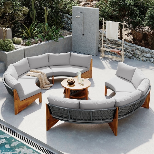 Half Moon Outdoor Sectional Sofa Patio Woven Rope Sofa Furniture Set with Water resistant Cushions and Wood Coffee Table On Sale Bed Bath Beyond 40246394