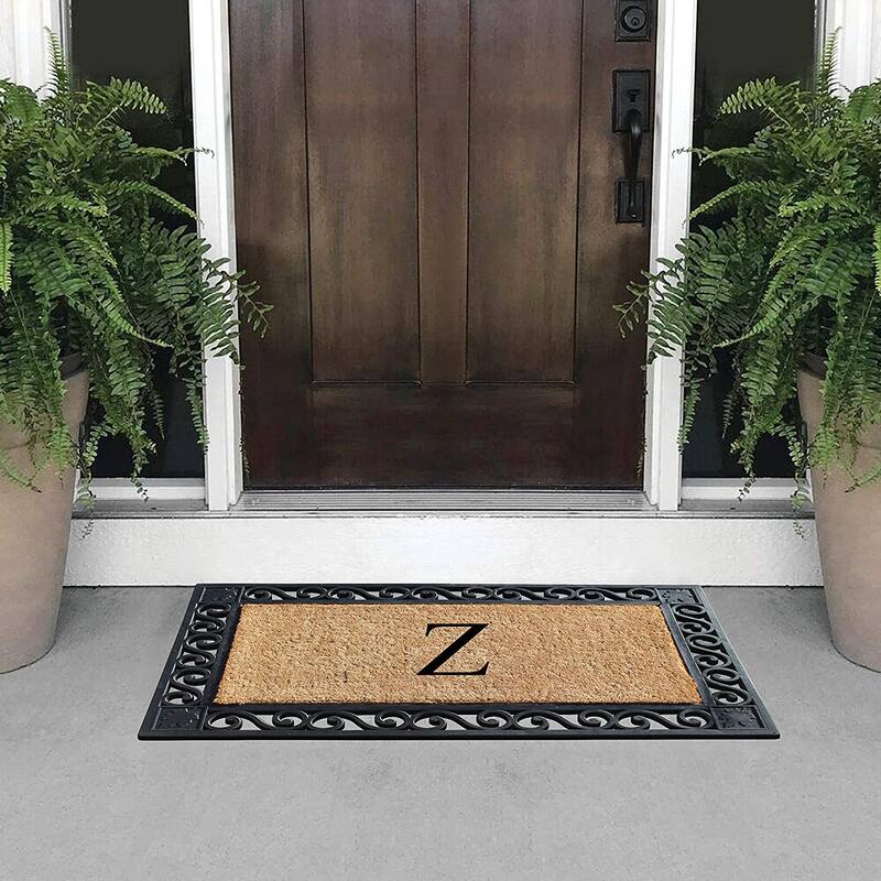 A1HC Rubber and Coir Maple Leaf, Heavy Weight Durable Monogrammed Doormat, 23"X38" Black
