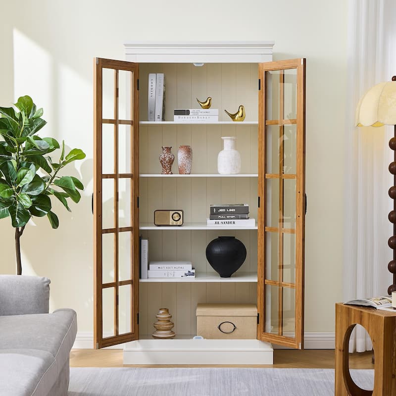 Farmhouse Glass Curio Cabinet - 71" Tall with Adjustable Shelves - White+Brown