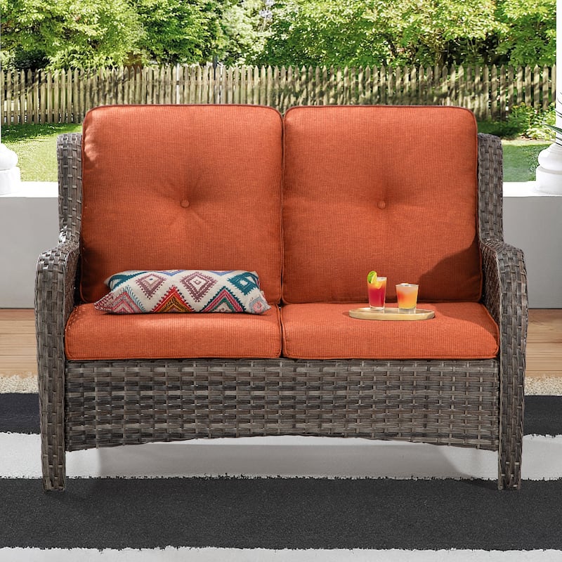 Cozywor Brown Wicker Outdoor Patio Loveseat with Cushions - Orange