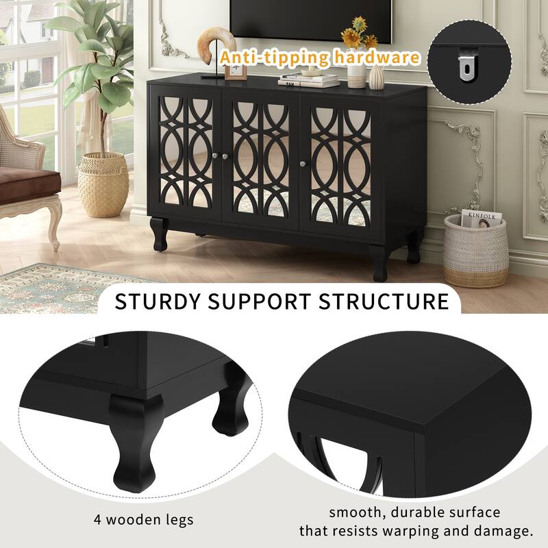 Modern Mirrored TV Stand for TV up to 55 Inches, Entertainment Center Solid Wood Legs,Metal Handle and 3 Adjustable Shelves