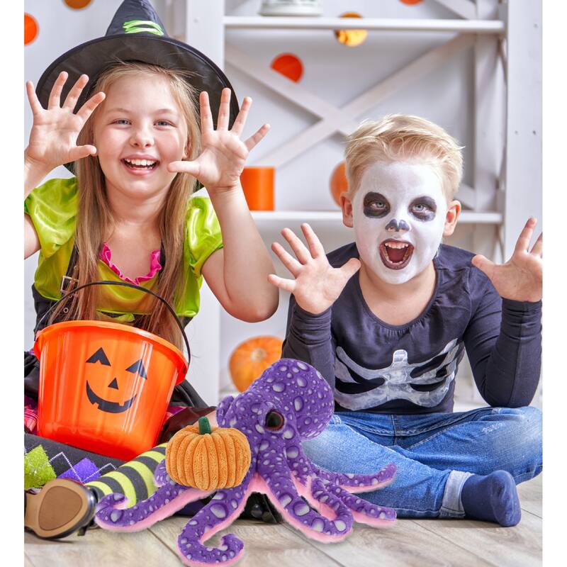 DolliBu Wild Collection Purple Octopus Stuffed Animal w/ Pumpkin Decor - 12 inches