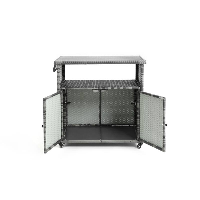 HOMEFUN Outdoor Wicker Bar Cart with Storage on Wheels