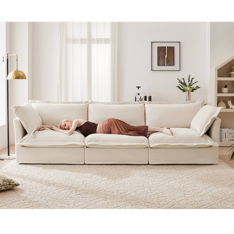 Modern 3 Seater Upholstered Sofa with 1 Ottoman and 2 Pillows