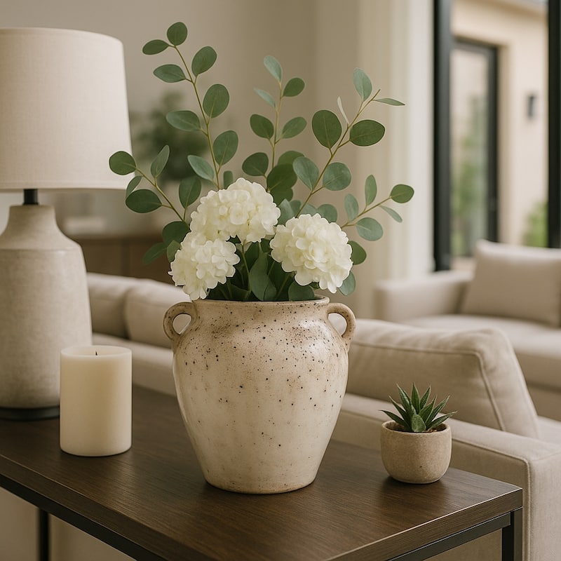 Modern Terracotta Tall Vase with Speckled Finish - Ivory & Brown - 11.0"