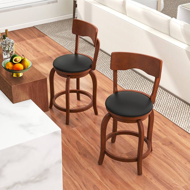 Gymax 24'' Swivel Bar Stools Set of 4 w/ Rubber Wood Frame Upholstered