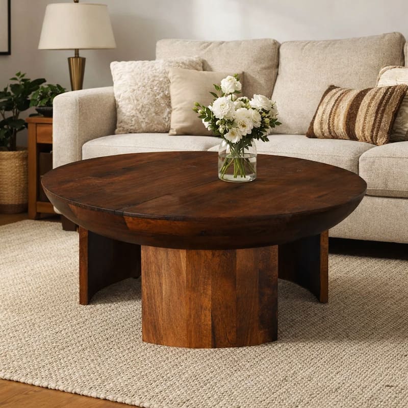 35 Inch Coffee Table, Handcrafted Round Mango Wood Top, Modern Curved Tripod Legs, Walnut Brown