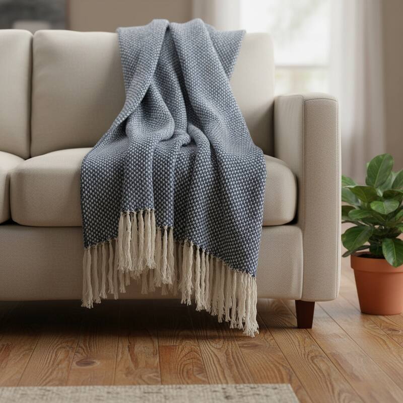 HomeRoots 50" X 60" Navy and Ivory Woven Cotton Polka Dots Throw Blanket with Tassels