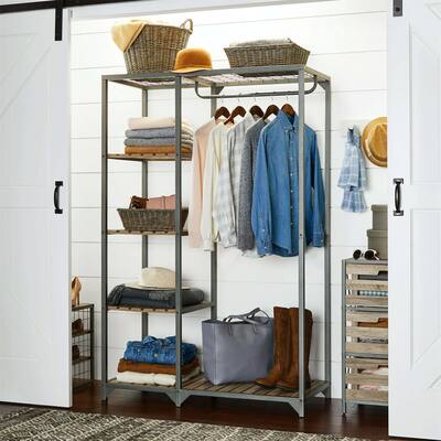 Farmhouse Gray Wood and Metal Garment Rack