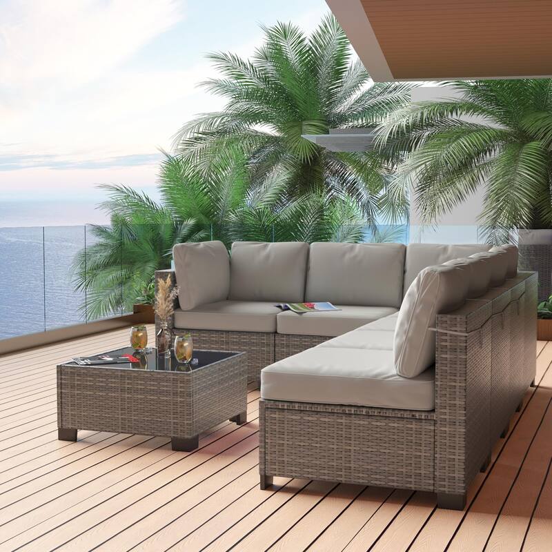 Patio Funiture Set 7 Pieces Outdoor Rattan with Detachable Soft Cushions Patio Conversation Sets