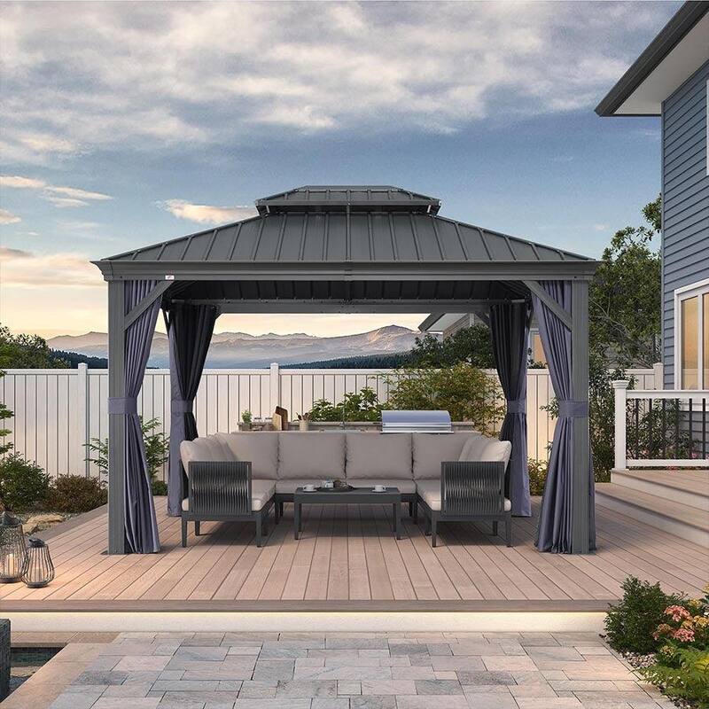 PURPLE LEAF Outdoor Galvanized Steel Hardtop Gazebo, Aluminum Frame Gazebo With Curtains