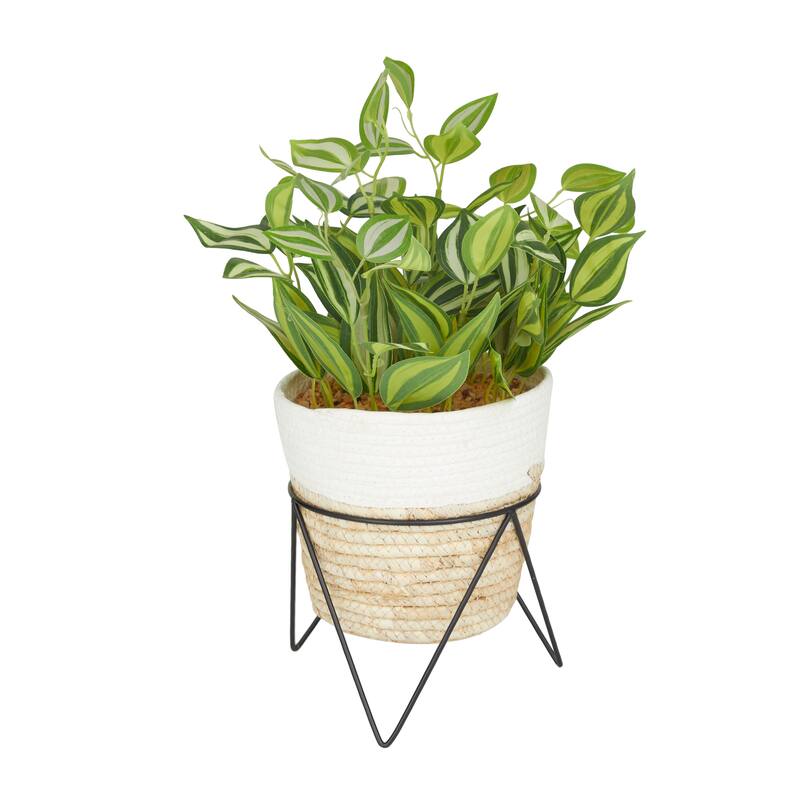 Faux Foliage Sanchezia Artificial Plant with Realistic Leaves and Rattan Pot and Black Stand - Green - Roche River Decor