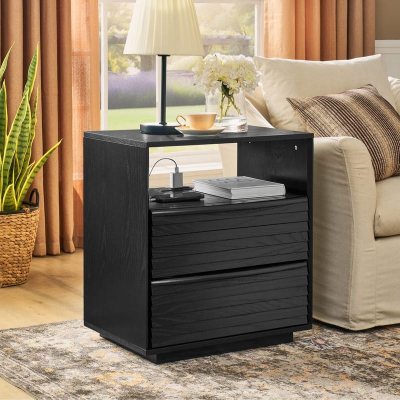 Mid Century Modern Nightstand with Charging Station and Solid Wood Drawers for Versatile Bedroom Use