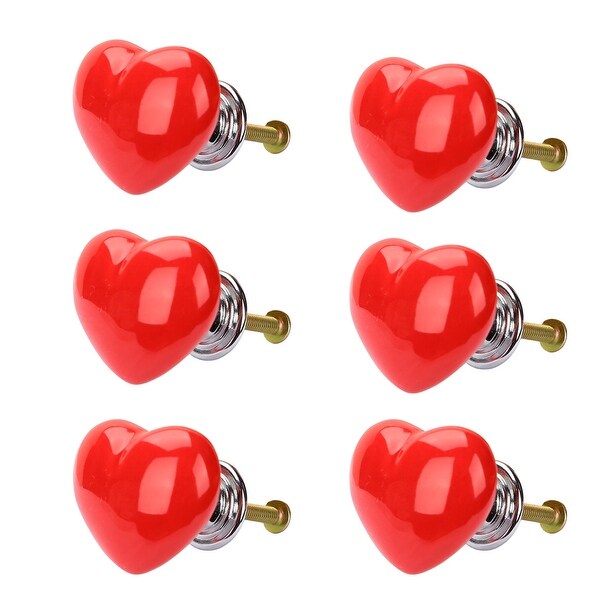 6pcs Ceramic Knobs Drawer Heart Shaped Pull Handle Furniture Door Cabinet Cupboard Wardrobe Dresser Replacement Red