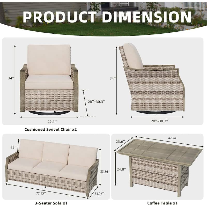 EROMMY 4-Piece Patio Furniture Set with Swivel Rocking Chairs, Outdoor Wicker Conversation Set with 3-Seat Sofa and Coffee Table