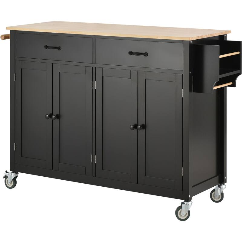Kitchen Island Cart with Solid Wood Top, 4 Door Cabinet, 2 Drawers, Spice & Towel Rack, Locking Wheels, 54.3" - White