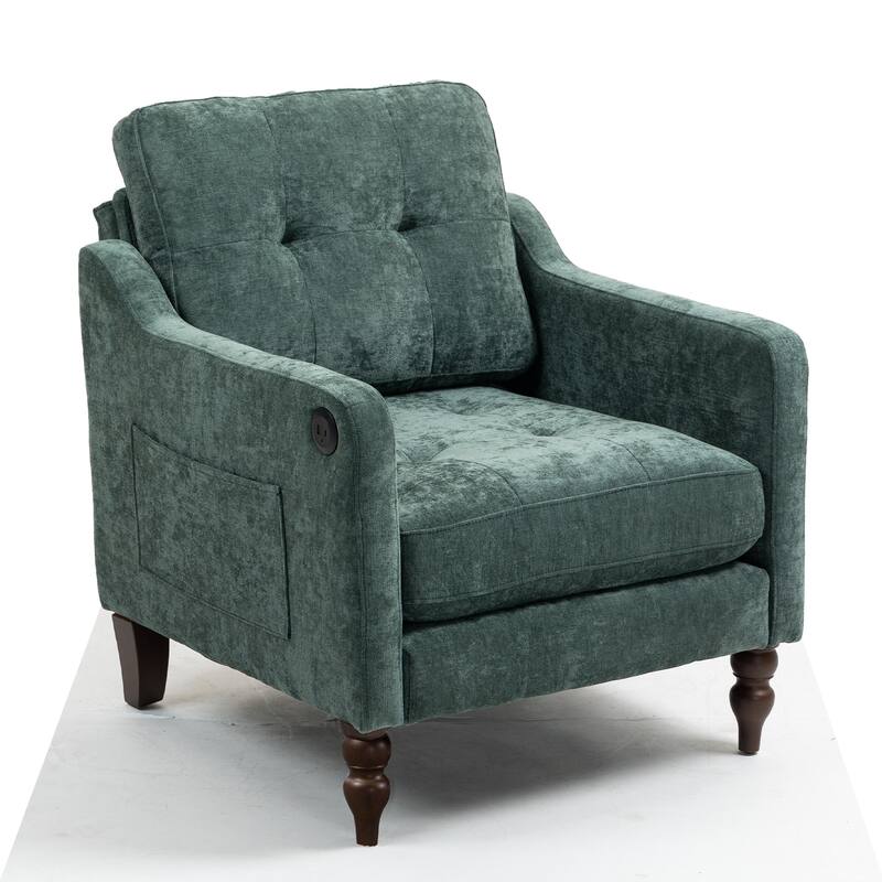 Chenille Accent Armchair, Upholstered Lounge Chair with USB Port, Single Sofa Chair with Wooden Legs & Side Storage
