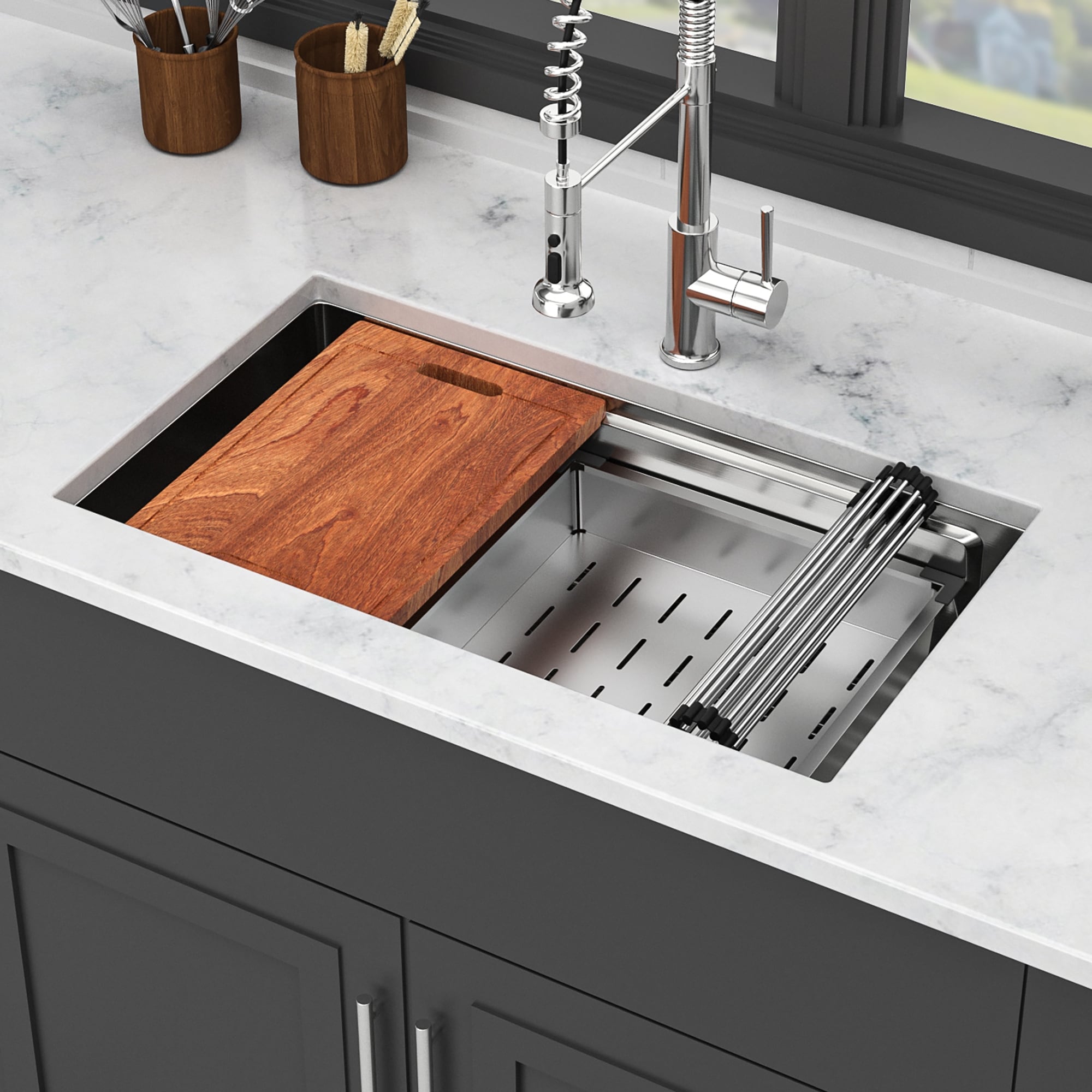 Logmey 33 In. Undermount Sink Single Bowl 16-Gauge Brushed Stainless Steel Kitchen Sink With Bottom Grid Sc Tsy9133lu