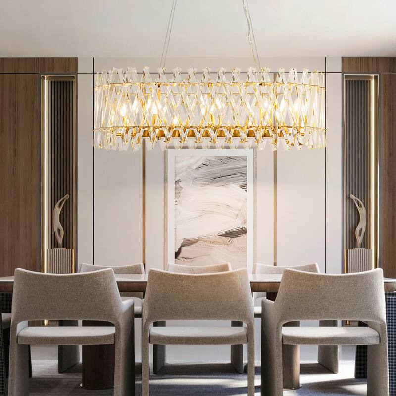 8-Light Brushed Gold Modern Luxury Iron & Cut Glass Chandelier Light with Adjustable Height for Living & Dining Rooms