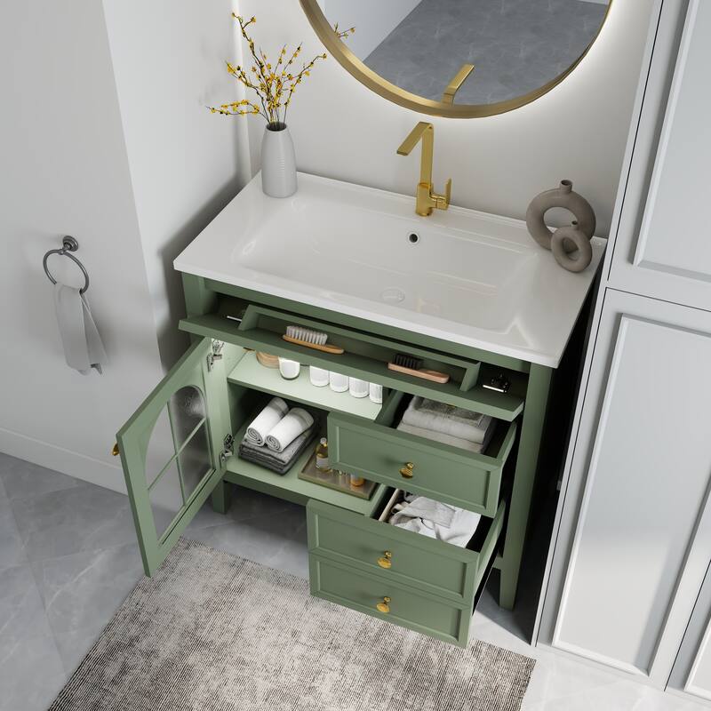 35.6" Mid-Century Bathroom Vanity Sink with Patterned Glass & Motion-sensor Light Strip, Freestanding