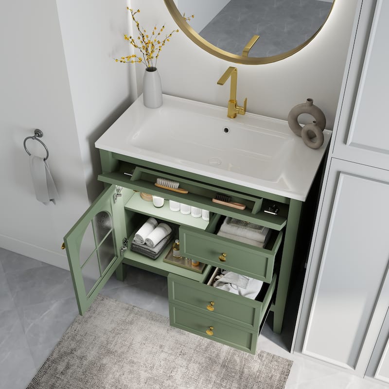 35.6-Inch Mid-Century Bathroom Vanity Sink with Patterned Glass & Motion-Sensor Light Strip, High-End Vanity Cabinet