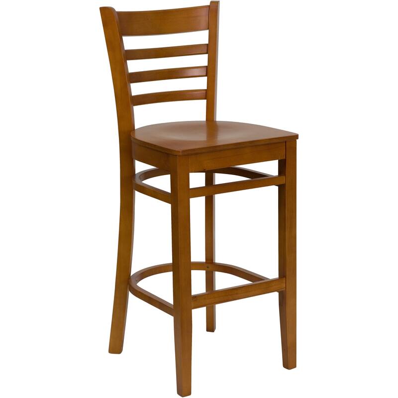 Ladder Back Wooden Restaurant Barstool - 16.75"W x 19"D x 43.75"H - 16.75"W x 19"D x 43.75"H - Cherry Wood Seat/ Cherry Wood Frame