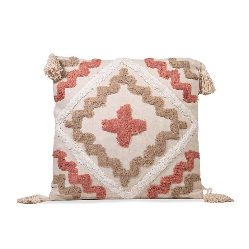 Sol Living Decorative Accent Pillows Throw Pillow for Couch Bedroom Soft Cushions - 18 x 18 in - White/Tan with Tassels - Single